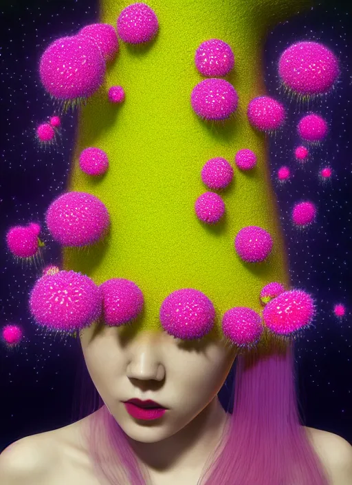 Image similar to hyper detailed 3d render like a Oil painting - kawaii Aurora (Singer) seen Eating of the Strangling network of colorful yellowcake and aerochrome and milky Fruit and Her delicate Hands hold of gossamer polyp blossoms bring iridescent fungal flowers whose spores black the foolish stars by Jacek Yerka, Mariusz Lewandowski, Houdini algorithmic generative render, Abstract brush strokes, Masterpiece, Edward Hopper and James Gilleard, Zdzislaw Beksinski, Mark Ryden, Wolfgang Lettl, Dan Hiller, hints of Yayoi Kasuma, octane render, 8k