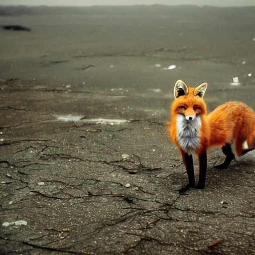 Image similar to Anthropomorphic fox in the middle of an old battlefield that is crumbling into a turbulent ocean, thunderstorm, 35mm picture