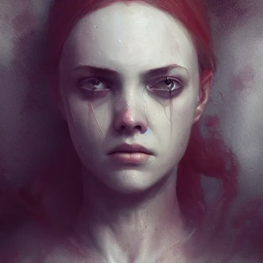 Image similar to portrait of a woman, sad, cry, gloomy, bloody, intricate, elegant, highly detailed, digital painting, artstation, concept art, matte, sharp focus, illustration, octane render, unreal engine, art by aenaluck and roberto ferri and greg rutkowski, epic fantasy, digital painting