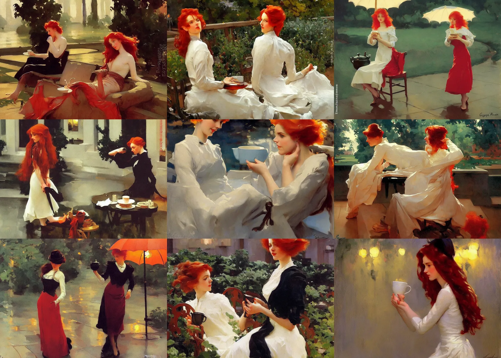 Prompt: painting by sargent and leyendecker and greg hildebrandt savrasov levitan woman with red hair drinking tea rainy day outdoor at night moonlight without sunlight fantasy