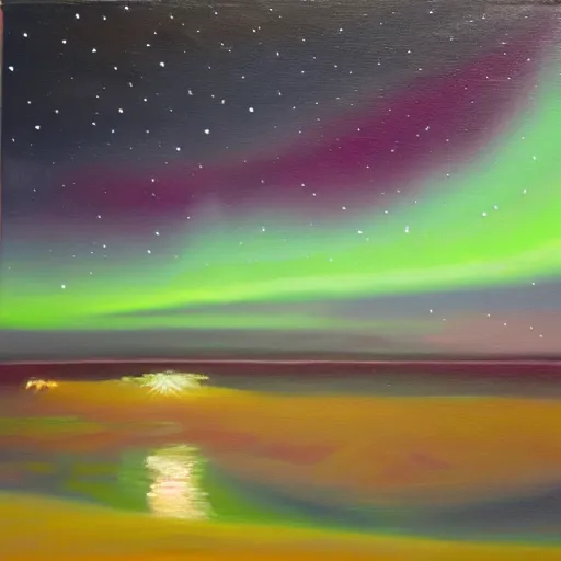 Image similar to a painting of the aurora borealis in the night sky, an oil on canvas painting by Nína Tryggvadóttir, deviantart, metaphysical painting, bioluminescence, nightscape, sense of awe