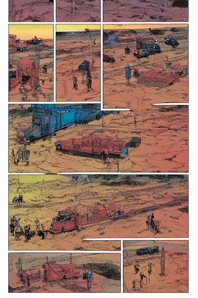 Image similar to colorfull comicpage with panels and speech balloons by Moebius and Jean Giraud showing a futuristic oil truck driving through the desert, airtight garage