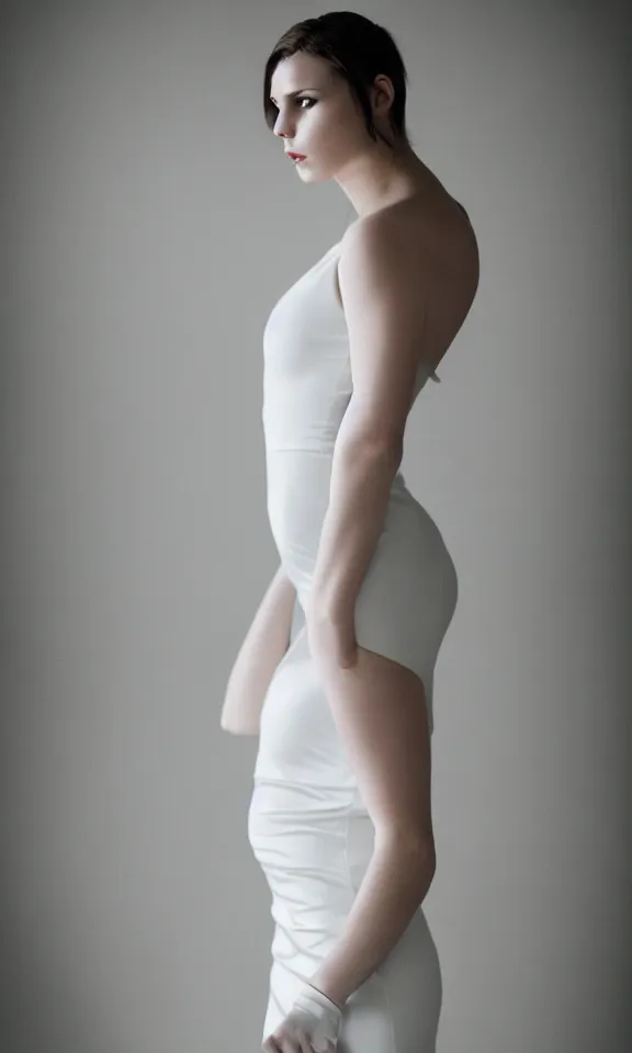 Image similar to photo of gorgeous seductive tall emily skinner cosplaying annie leonhart wearing open toe heels, wearing tight white dress, in a white room, beautiful face, pale skin, rule of thirds, cinematic lighting, sharp focus, backlit, stunning, smooth, hard focus, full body shot, studio photo, shot on sony a 7 iii