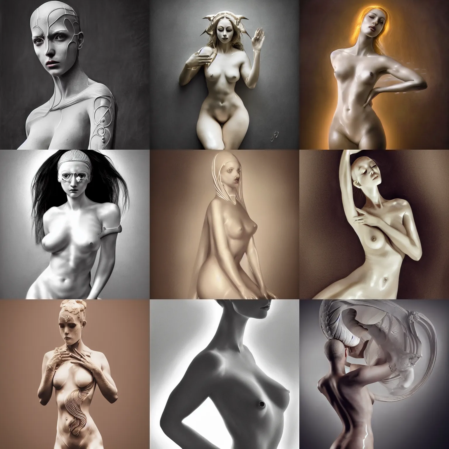 Prompt: pencil drawing illustration, white bodypaint, realistic photography, statue of beautiful perfect female body, golden latex dress portrait, black latex sculpt, minimalism, female photography, mechanical superstructure, sacred geometry, 8 k, cinematic, cinematic light, sculpture of carving marble, romanticism, classical painting, peter mohrbacher, chinese surrealism