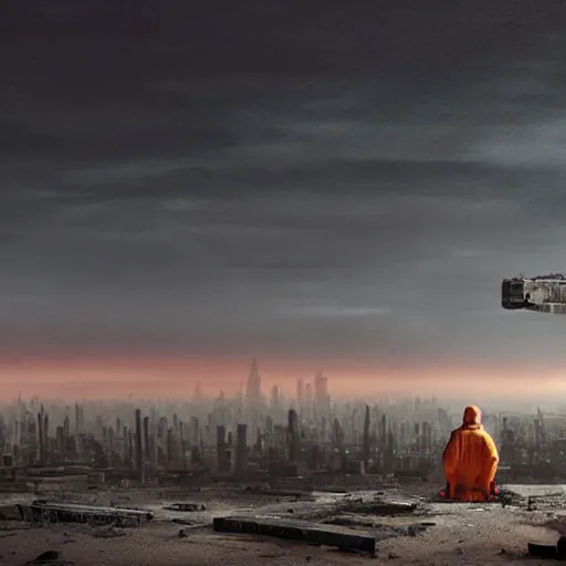 Image similar to a beautiful award-winning photo of the last man on Earth wearing a hazmat suit, sitting, serene post-nuclear background on the horizon, a mirage of a skyline of a destroyed city, numerous fires, volumetric lighting, hazy, a mothership hovering high up in the sky, very high quality, extremely detailed, subtle visual noise, 8K