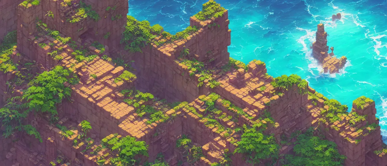 Image similar to isometric aztec ruins on a colorful ocean, unreal engine, fantasy art by greg, loish, rhads, ferdinand knab, makoto shinkai, lois van baarle, ilya kuvshinov, rossdraws, tom bagshaw, global illumination, radiant light, highly detailed and intricate environment, trending onstudio ghibli, octane render, 8 k