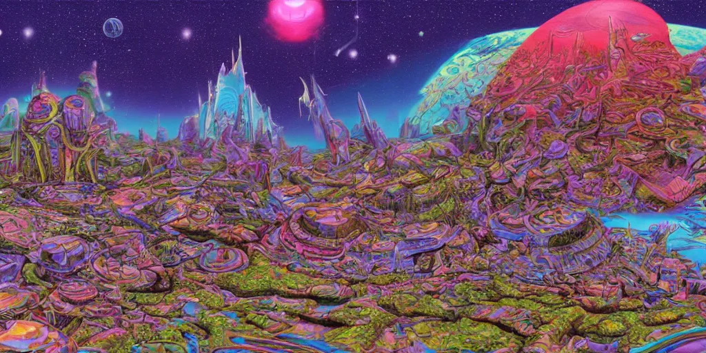 Image similar to a psychedelic retro sci fi city in space by roger dean equirectangular projection