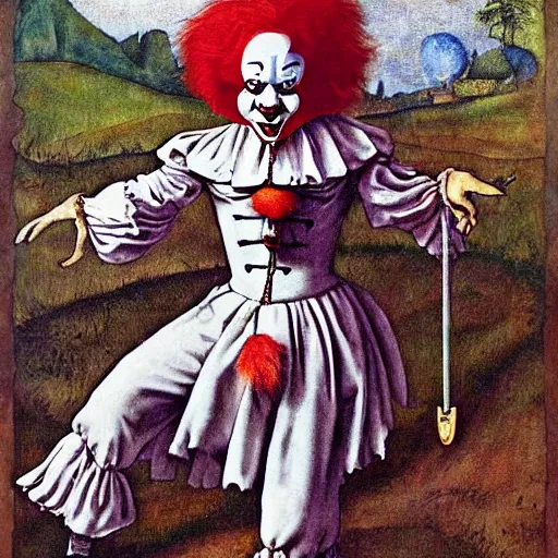 Image similar to fantasy painting of pennywise dancing by judson huss and henriette grindat and albrecht durer | horror themed | creepy