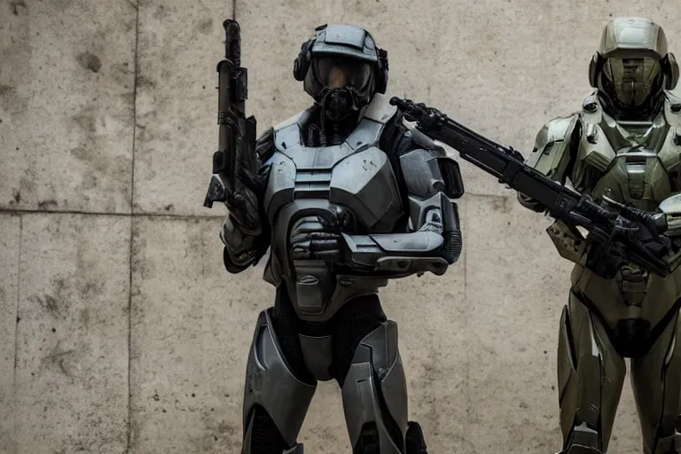 Image similar to vfx movie, sci - fi super soldier in worn military futuristic armor, posing with futuristic rifle in alien technology temple, master chief by emmanuel lubezki