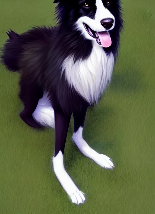 Image similar to wide angle beautiful full body portrait of a cute anthro male border collie fursona with two legs posing in front of a park, character design by charlie bowater, henry asencio, and ross tran, furry art, furaffinity, beautiful, glamor pose, detailed, aesthetic, trending on artstation