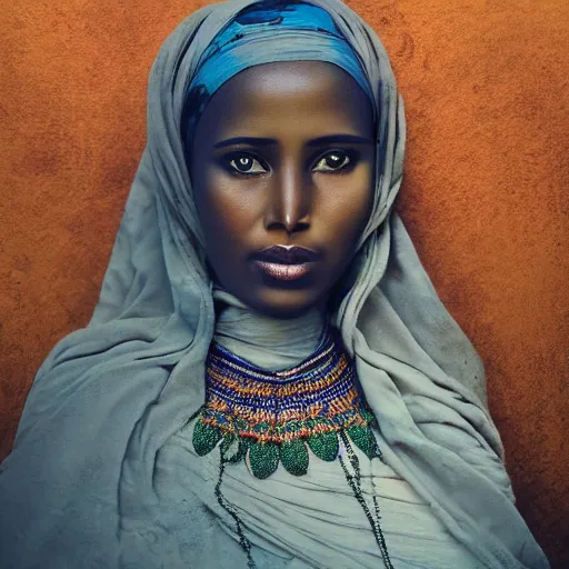 Image similar to a vintage image of a somali woman, on a painterly background, somali attire, beautiful, dreamy, pastel, digital, photo realistic, detailed face, sharp focus