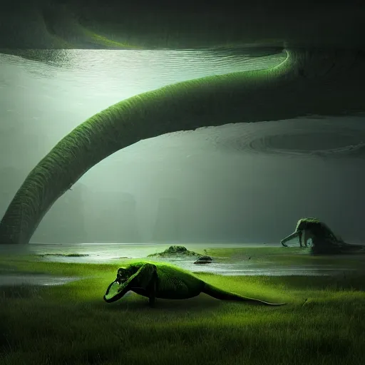 Image similar to indoors. dangerous creature lurking, eyes visible. a large body of water with green algae in it, a matte painting by filip hodas, cg society contest winner, environmental art, matte painting, volumetric lighting, cryengine