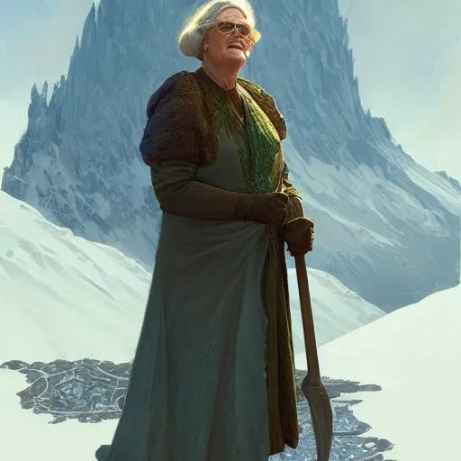 Prompt: mrs doubtfire as a witch, mage tower far away, glacier landscape, d & d, fantasy, intricate, elegant, highly detailed, digital painting, artstation, concept art, matte, sharp focus, illustration, art by greg rutkowski and alphonse mucha