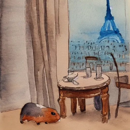 Image similar to a guinea pig sitting in a cafe in paris, it's evening, the eiffel tower is visible in the background, watercolour realism