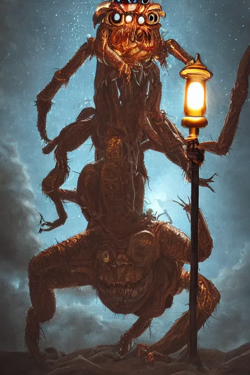Image similar to fantasy art of an old - fashioned explorer facing the viewer and holding a lamp in front of him, illuminating an enormous monstrous spider right behind him, dramatic lighting, close up, low angle, wide angle, creepy, horrific, realistic, highly detailed digital art