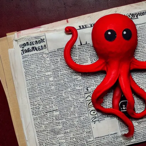 Prompt: a red octopus floats through a portal, holding a newspaper, clay style