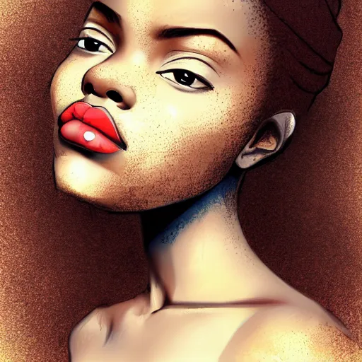 Image similar to very beautiful African girl with freckles, elegant look, tired eyes, artstation