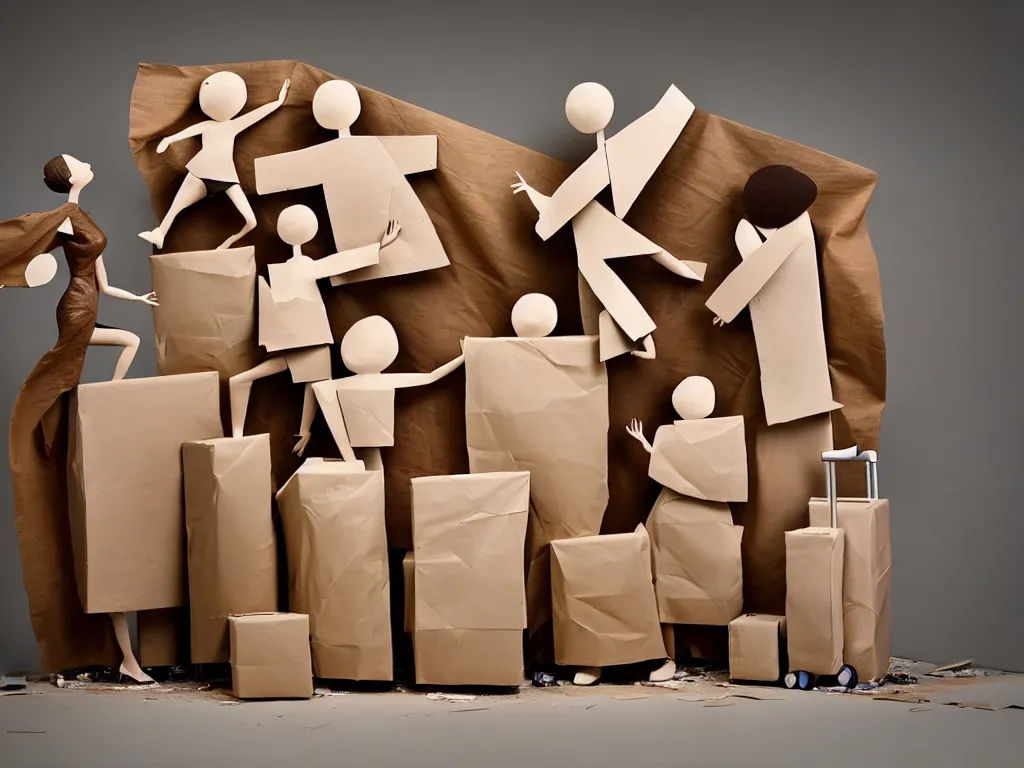 Prompt: a perfect abstract sculpture of a family going on a package holiday, wrapped in brown paper, hurrying through airport security as if they had not a care in the world. as they leave behind a wake of destruction in their suburban paradise.