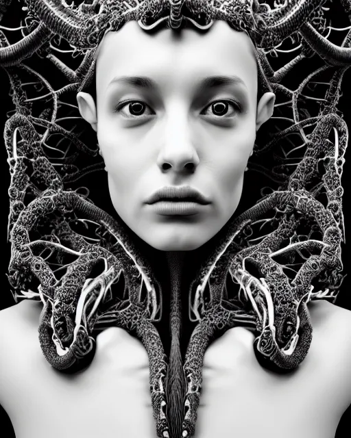 Image similar to a black and white high quality photo of a young beautiful female queen-dragon-cyborg bust with a very long neck and Mandelbrot fractal face, Mandelbrot fractal skin, flesh, anatomical, facial muscles, veins, arteries, elegant, highly detailed, flesh highly baroque ornate, hair are wired cables, elegant, high fashion, rim light, octane render, in the style of Diane Arbus, Realistic, Refined, Digital Art, Highly Detailed, Cinematic Lighting, rim light, black and white, photo-realistic, 8K