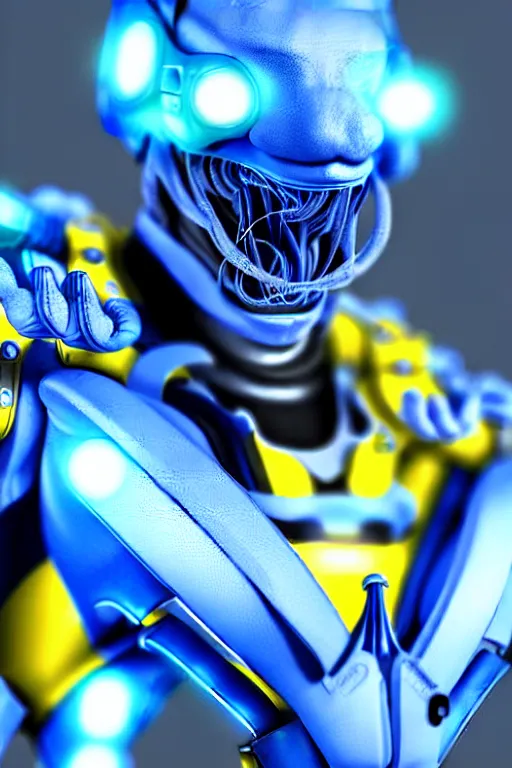 Image similar to hyperrealistic close-up blue glow exoskeleton!! sad chinese man covered highly detailed concept art eric zener elson peter cinematic side soft yellow light high angle hd 8k sharp shallow depth of field