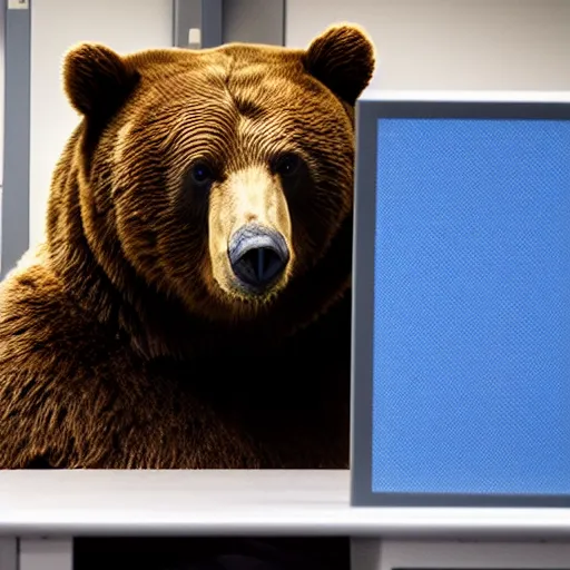 Prompt: a bear is literally in an office cubicle