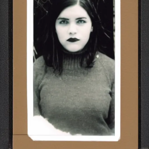 Image similar to full body polaroid of a young woman with black hair, small nose, plump lips, honey colored eyes and symmetrical face standing in front of a snowy cabin