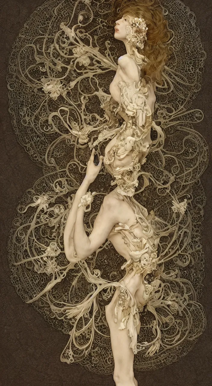 Prompt: “ a female skeleton ivory rococo frontal view, wings lace wear, black background, beautifully lit, hyperdetailed, lighting, by alphonse mucha, by cory loftis, by bastien lecouffe deharme, by rutkowski, by tom bagshaw, 4 k, micro details, 3 d sculpture, structure, 3 0 % pearlescent detailing ”