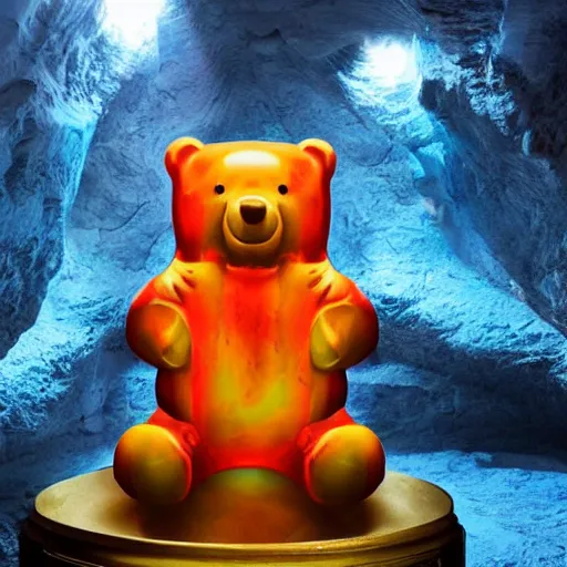 Image similar to a stunning image of a giant gummy bear on a golden pedestal, many people worshipping, dark cave like surrounding.