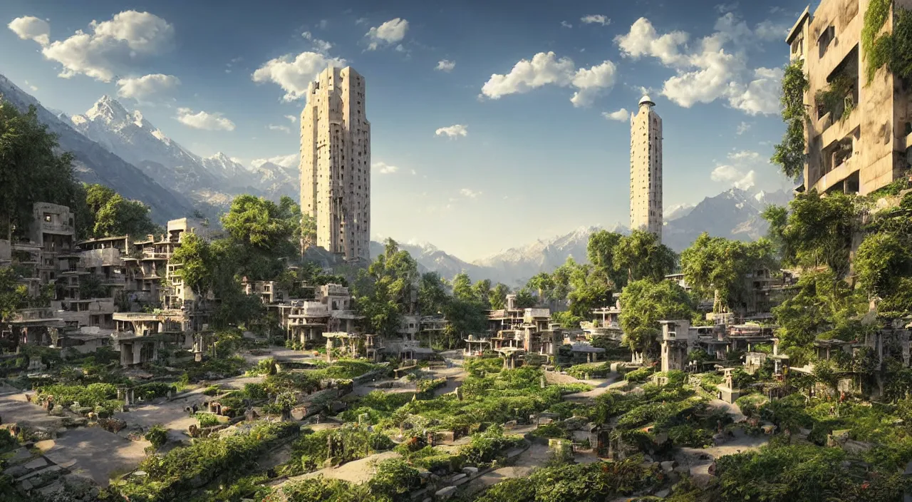 Image similar to retrofutristic city under kashmir mountains, khanqah - e - muala, little wood bridge, painting of tower ivy plant in marble late afternoon light, wispy clouds in a blue sky, by frank lloyd wright and greg rutkowski and ruan jia