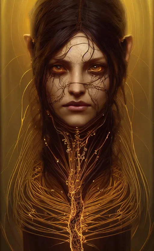 Prompt: portrait of a dark goddess, gold wires, visible veins and nerves, intricate, headshot, highly detailed, digital painting, artstation, concept art, sharp focus, cinematic lighting, illustration, art by artgerm and greg rutkowski, alphonse mucha, cgsociety