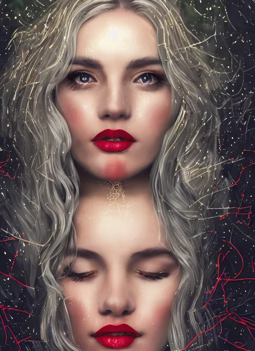 Prompt: glowing silver and golden elements, full close-up portrait, young woman with magical eyes, red lipstick, blonde hair, hood, as a dark witch in front of the full big moon, book cover, green forest, red white black colors, establishing shot, extremly high detail, foto realistic, cinematic lighting, pen and ink, intricate line drawings, by Yoshitaka Amano, Ruan Jia, Kentaro Miura, Artgerm, post processed, concept art, artstation, matte painting, style by eddie, raphael lacoste, alex ross