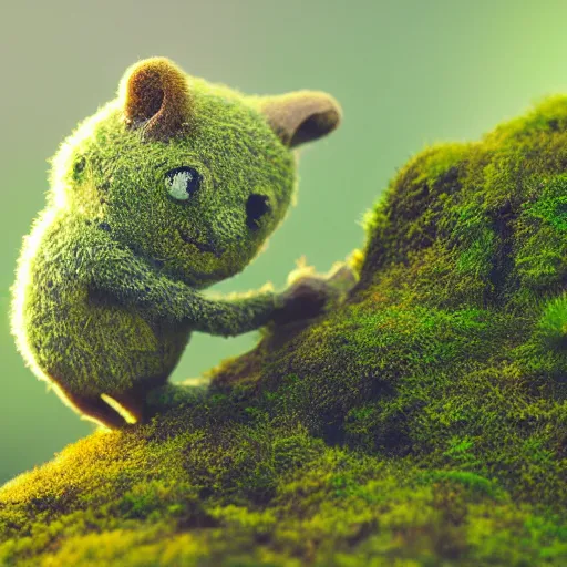 Image similar to a tiny cute mossy forest creature by bobby chiu, at sunset, macro photography, goro fujita