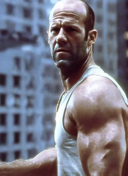 Image similar to film still of Jason Statham as John McClane in Die Hard, 4k