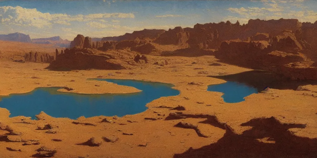 Prompt: lake in a desert, utah, aerial shot, cinematic lighting, midday, albert bierstadt