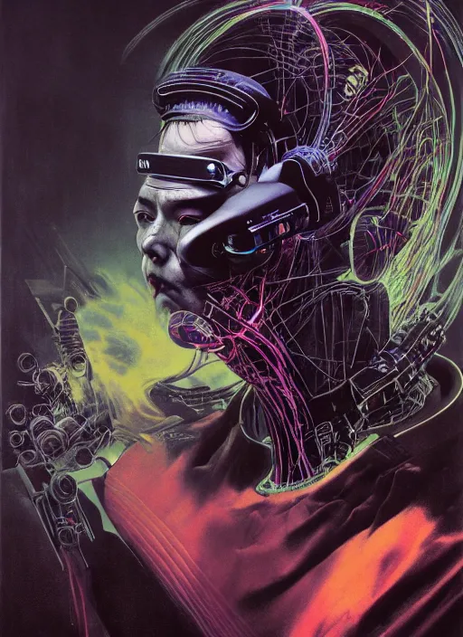 Prompt: dark cyberpunk asian lawnmower in a virtual reality, by francis bacon, by ayami kojima, by amano, by karol bak, greg hildebrandt, by mark brooks, by alex grey, by zdzisław beksinski, by takato yamamoto, ultra detailed, high resolution, ultra detailed, wrapped thermal background, close - up wide portrait