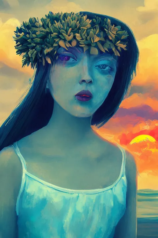 Image similar to closeup huge dahlia flower head, girl with dress on beach, surreal photography, blue sky, sunrise, dramatic light, impressionist painting, digital painting, artstation, simon stalenhag