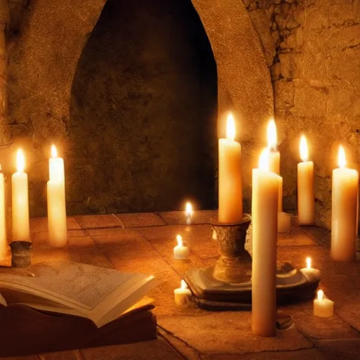 Prompt: kinghts templar in a medieval castle, diffused light candles, mystical