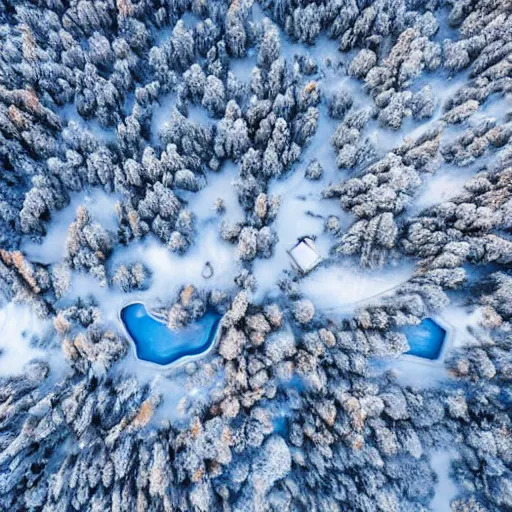 Image similar to sattelite image of post pocaliptic snow from 250 meters height, only snow, small frozen trees covered with ice and snow, old lumber mill remains, beautiful winter area