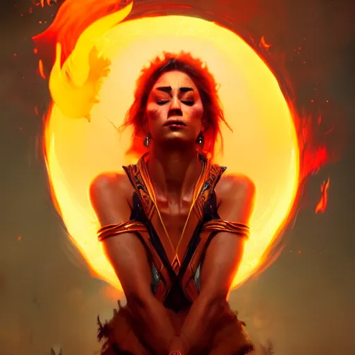 Image similar to a beautiful portrait of a fire goddess with closed eyes by Greg Rutkowski and Raymond Swanland, Trending on Artstation, Flaming Background, ultra realistic digital art