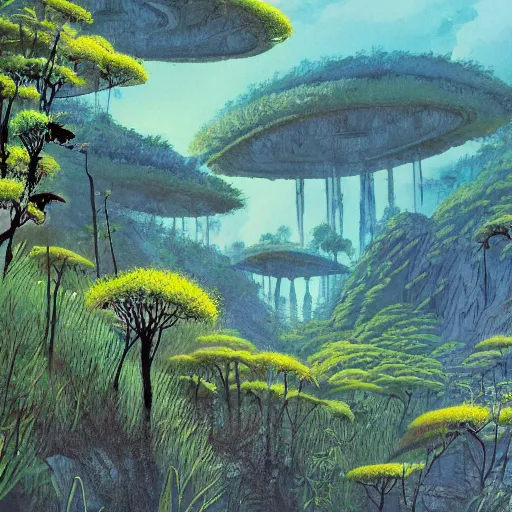 Image similar to illustration of a lush natural scene on an alien planet by hayao miyazaki. beautiful landscape. weird vegetation. cliffs and water.