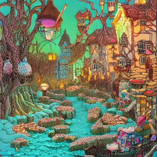 Image similar to acrylic painting, art in the style of Terry Moore, Moebius and Mohrbacher, a tiny village created out of candy with a river of chocolate, intricately detailed