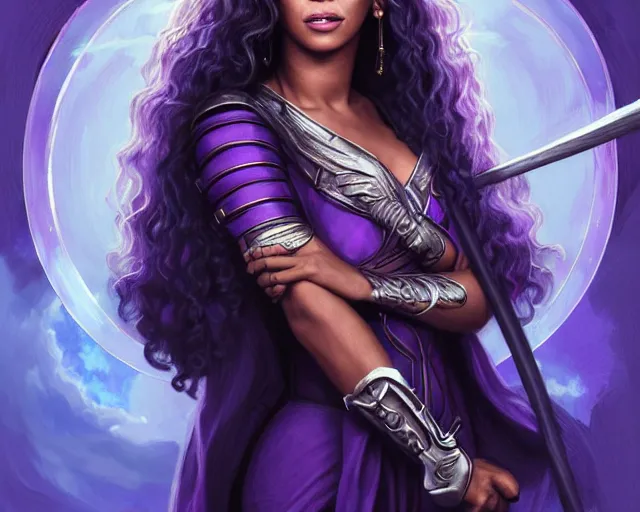 Image similar to beyonce as a wizard, purple streaks in hair, bat hovering on her shoulder, blue clothing, holding a staff, deep focus, d & d, fantasy, intricate, elegant, highly detailed, digital painting, artstation, concept art, matte, sharp, illustration, hearthstone, art by artgerm and greg rutkowski and alphonse mucha