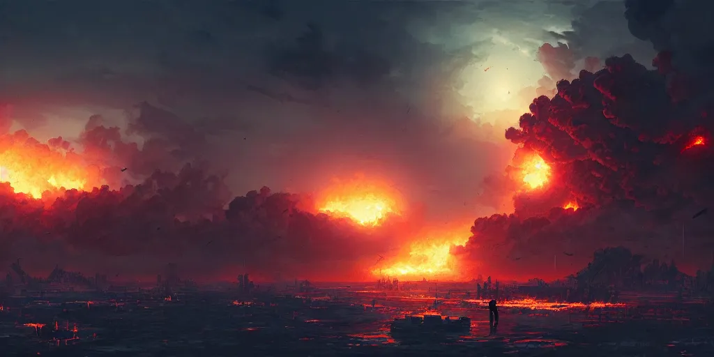 Image similar to atomic bomb explosion in the philippines, detailed intricate illustration, dark atmosphere, detailed illustration, hd, 4 k, digital art, overdetailed art, by greg rutkowski, by loish, complementing colors, trending on artstation, deviantart