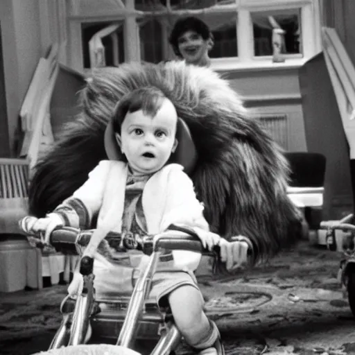 Image similar to on the set of the shining, danny is riding his big wheel, kubrick has his parka on,