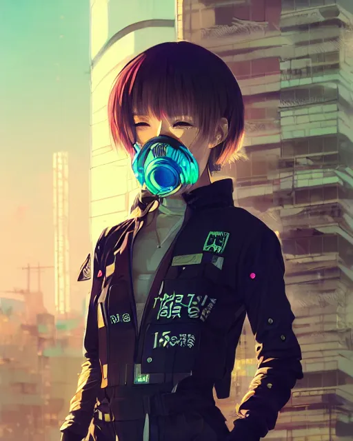 Image similar to kyoto animation, cool girl wearing cyberpunk intricate jumpsuit, respirator, detailed portrait, cell shaded, 4 k, concept art, by wlop, ilya kuvshinov, artgerm, krenz cushart, greg rutkowski, pixiv. cinematic dramatic atmosphere, sharp focus, volumetric lighting, cinematic lighting, studio quality