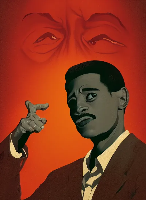 Prompt: Twin Peaks poster artwork by Michael Whelan and Tomer Hanuka, Rendering of portrait of Sammy Davis Jr, full of details, by Makoto Shinkai and thomas kinkade, Matte painting, trending on artstation and unreal engine