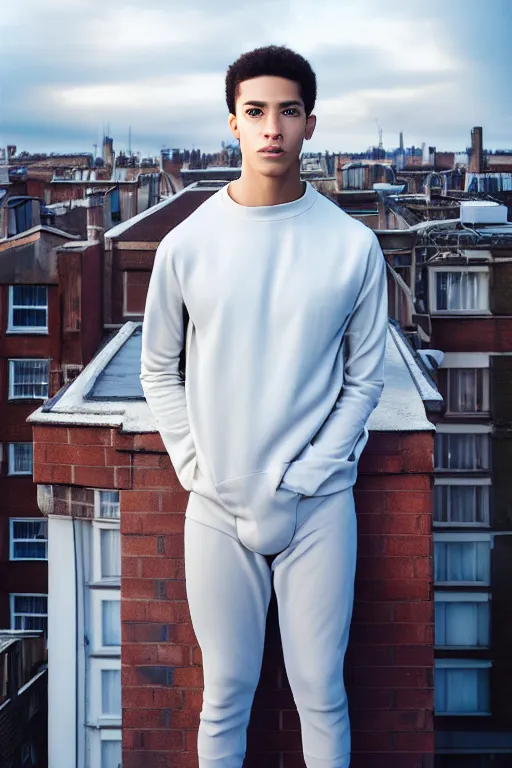 Image similar to un ultra high definition studio quality photographic art portrait of a young man standing on the rooftop of a british apartment building wearing soft padded silver pearlescent clothing. three point light. extremely detailed. golden ratio, ray tracing, volumetric light, shallow depth of field. set dressed.