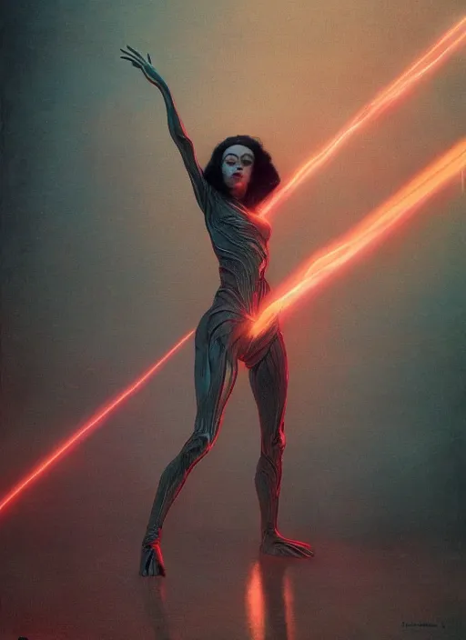 Image similar to Wanda Maximoff, dynamic pose, glowing, wires everywhere, by Edgar Maxence and Ross Tran, Zdzisław Beksiński, and Michael Whelan, distant, gustav dore, H.R. Giger, 8k, octane render