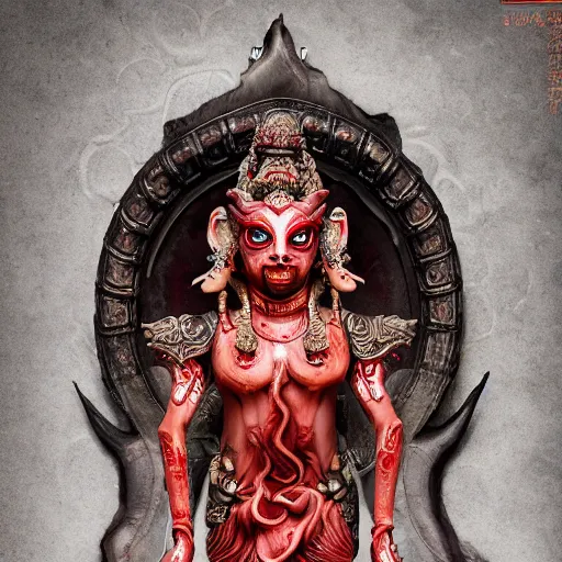 Image similar to naraka buddhist demon korean female, highly detailed, symmetrical long head, red blood eyes, smooth marble surfaces, detailed ink illustration, raiden metal gear, cinematic smooth stone, deep aesthetic, concept art, post process, 4 k, carved marble texture and silk cloth, latex skin, highly ornate intricate details, in the style of 8 8 grzes