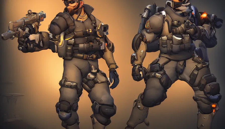 Image similar to Concept art for new Overwatch character: The Saboteur, French Special Ops, Short, Nimble, Sly, Silenced Five-Seven Main Weapon, Uses Explosives, Planted Charge, C4 Explosive, Roguish, and Hand Grenades, Dark Humor, Male, Rugged, Dagger, High-tech, Fast, Black and Orange